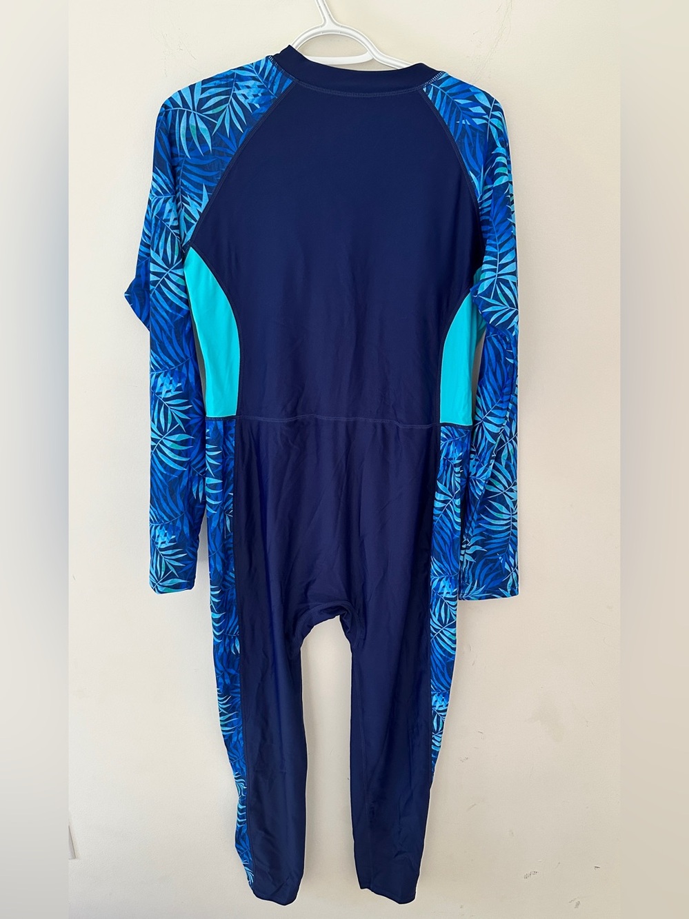 Woman’s Full Body Rash Guard Navy Blue Long Sleeve Swimsuit with Tropical Print - Picture 6 of 10
